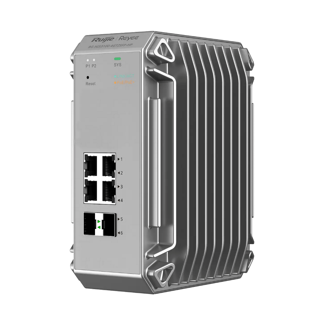 64364_A296E6F7-A586-E41D-30C739B3286E5610_b Reyee RG-NIS3100-4GT2SFP-HP 4 Portlu, 10/100/1000 Gigabit, Endüstriyel Switch, 2 SFP, 4 Port PoE+ (120W) - Görsel 1