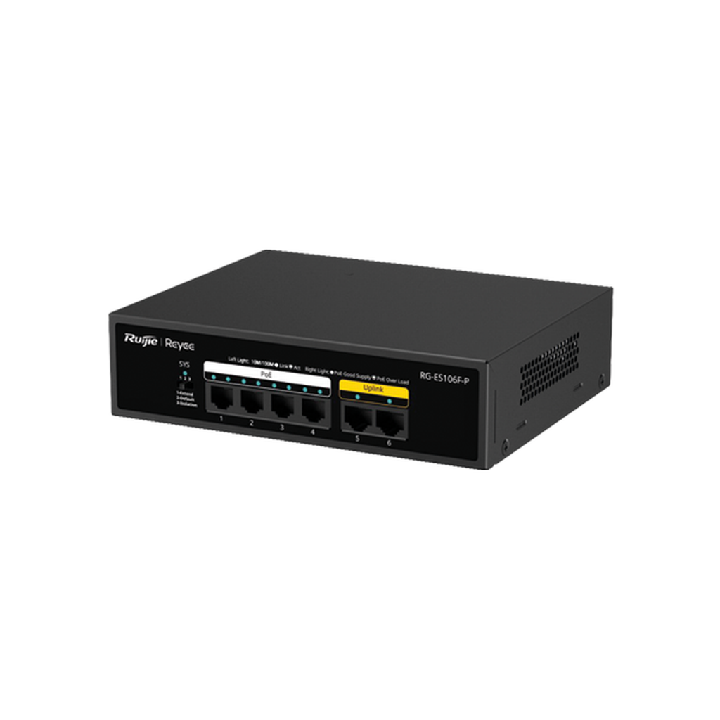 64529_RG-ES106F-P_b Reyee RG-ES106F-P 6 Portlu, 10/100 Fast Ethernet, Tak Çalıştır Switch, 2 Fast Ethernet Uplink, 4 Port PoE+ (54W) - Görsel 1