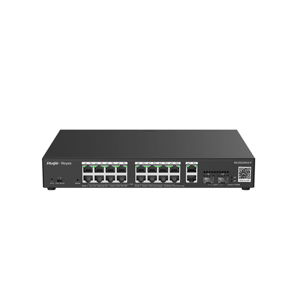 64532_RG-ES220GS-P_b Reyee RG-ES220GS-P 20 Portlu, 10/100/1000 Gigabit, Yönetilebilir Switch, 2 SFP, 2 Gigabit RJ45 Uplink, 16 Port PoE+ (250W) - Görsel 1